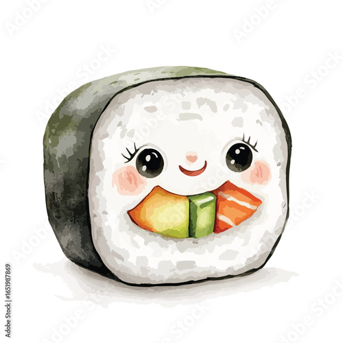 Kawaii Sushi Roll with Cheerful Expression and Colorful Filling