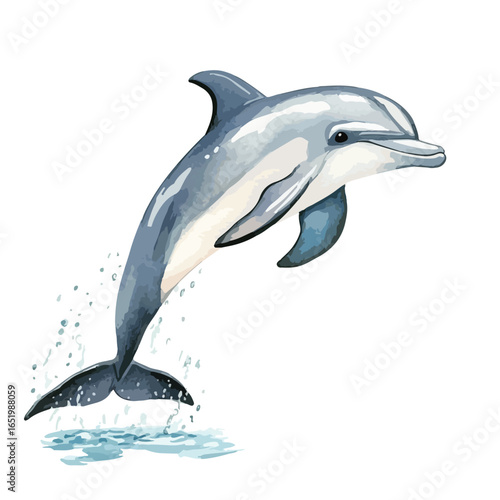 Leaping Dolphin with Watercolor Texture and Splashing Water Detail