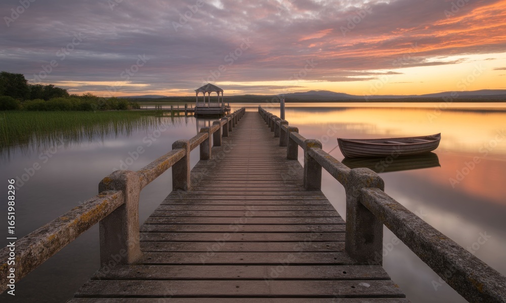 Fototapeta premium Wooden pier leading to tranquil lake at sunrise