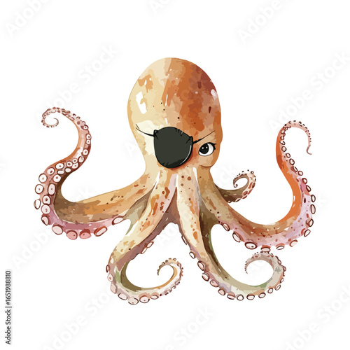 One Eyed Octopus Pirate Watercolor Illustration