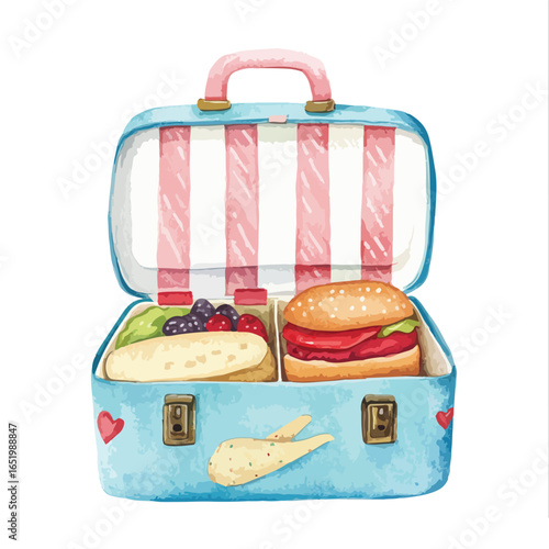 Open blue lunchbox with sandwich burger fruit and rabbit shaped cookie