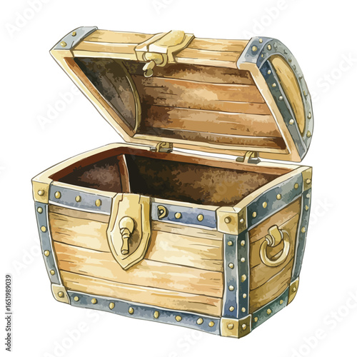 Open wooden treasure chest with metal accents and aged appearance