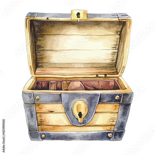 Open wooden treasure chest with metal accents and a visible keyhole