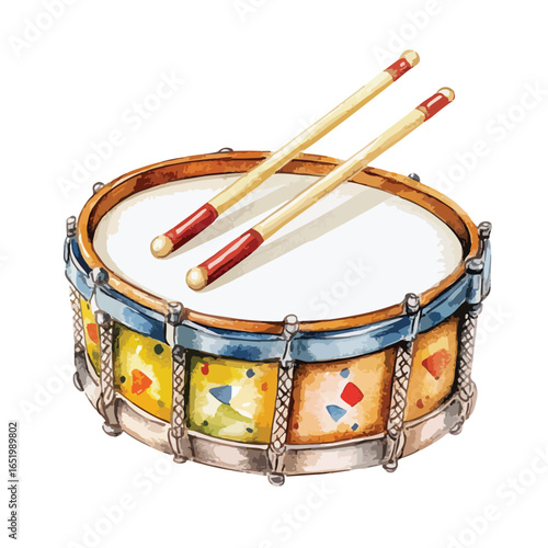 Ornate Watercolor Drum with RedTipped Drumsticks