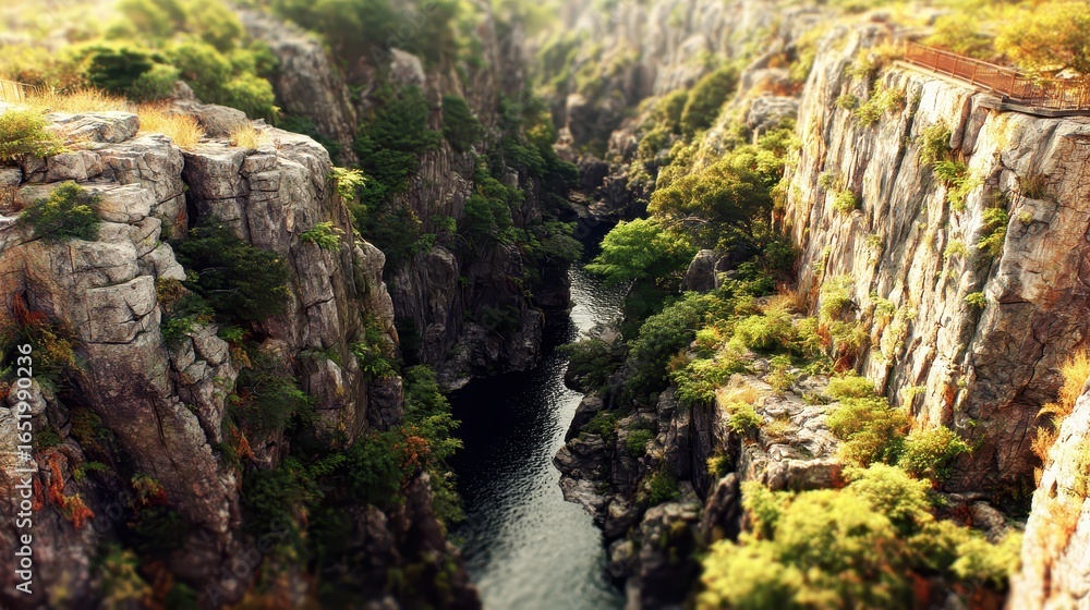 Obraz premium Serene River Flowing Through Majestic Rocky Canyon Landscape