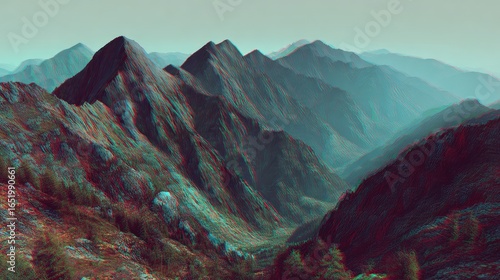 Misty mountain range, anaglyph effect
