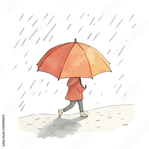Person in a Red Coat Walking in the Rain with an Orange Umbrella