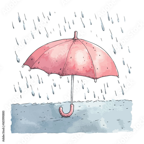 Pink Umbrella in a Downpour Cartoon Style Protection from the Rain