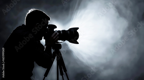 A photographer taking a silhouette photo of a man with a camera, against a dark background with a bright light source.