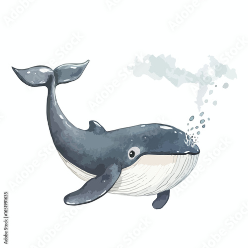 Playful Watercolor Whale Spouting Water with Bubbles and Tail Upward