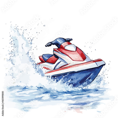 Red and Blue Jet Ski Leaping from Water with Splashing Watercolor Effect