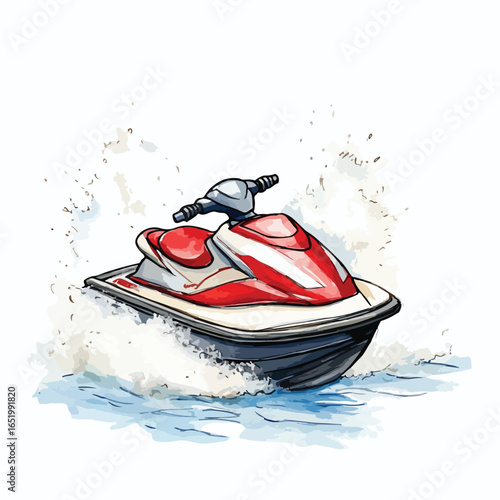 Red and White Jet Ski Gliding Through Water Artistic Illustration