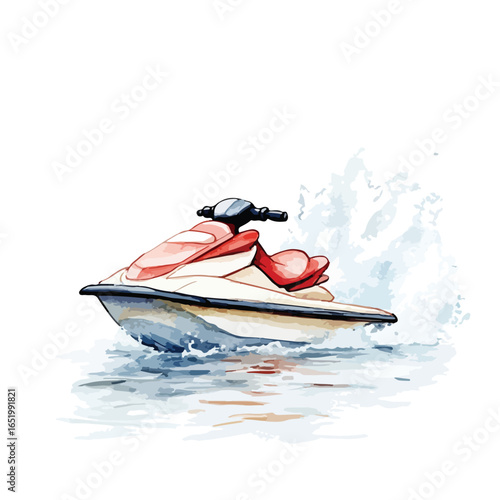 Red and White Jet Ski with Black Handlebars Splashing Through Water