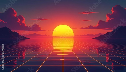 Retro sunset seascape with vibrant neon orange and yellow horizon