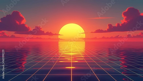 Geometric grid reflection over ocean water in cinematic lighting scene