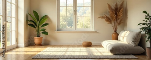 Serene mediation home interior, featuring calming colors and natural light Perfect for relaxation, mindfulness, and peaceful reflection , simple, harmony