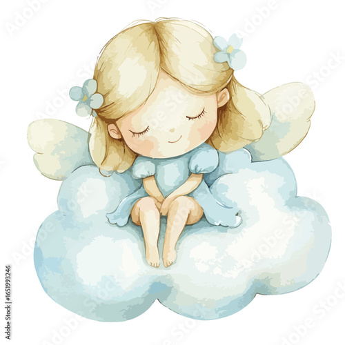 Serene Watercolor Angel Girl Asleep on a Cloud