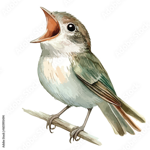 Singing bird with open beak perched on a branch detailed vector illustration