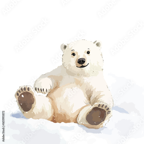 Sitting polar bear with a gentle smile and detailed paw pads