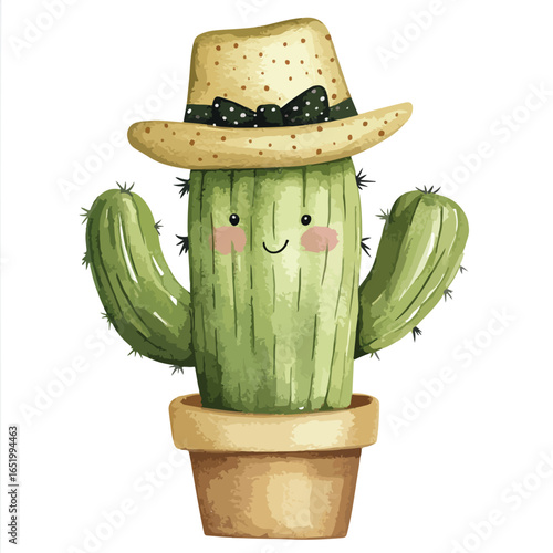 Smiling Cactus in a Hat with Polka Dot Bow Potted and Cheerful
