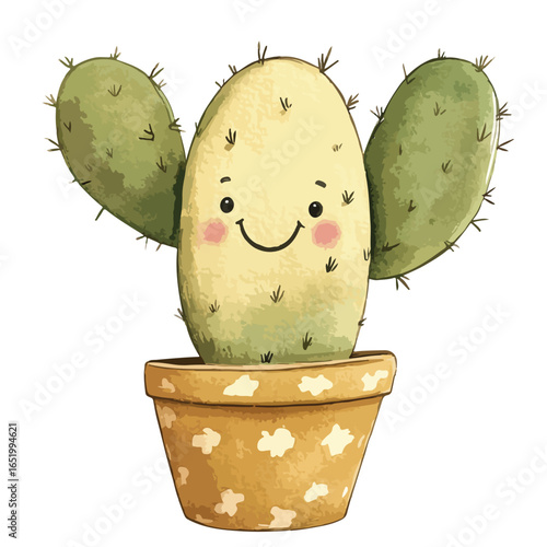Smiling Cactus with Arms in a Spotted Pot Watercolor Illustration