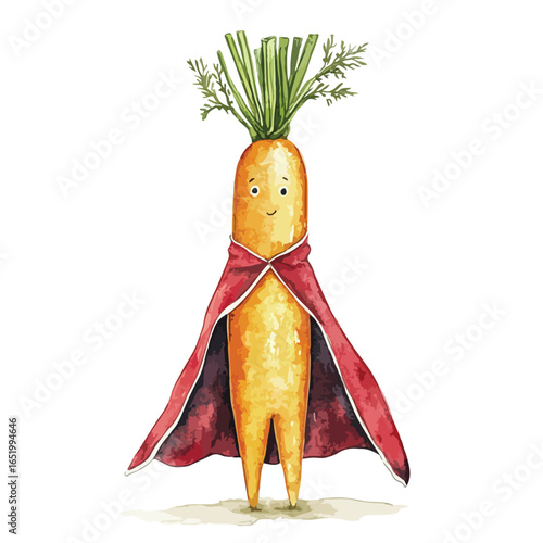 Smiling Carrot Superhero with Red Cape and Green Leafy Hair Watercolor Style
