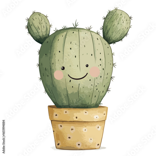 Smiling Cartoon Cactus in a Decorative Pot with Blush Cheeks and Spines
