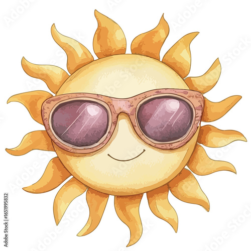 Smiling Cartoon Sun Wearing Sunglasses Radiating Summer Vibes and Joy