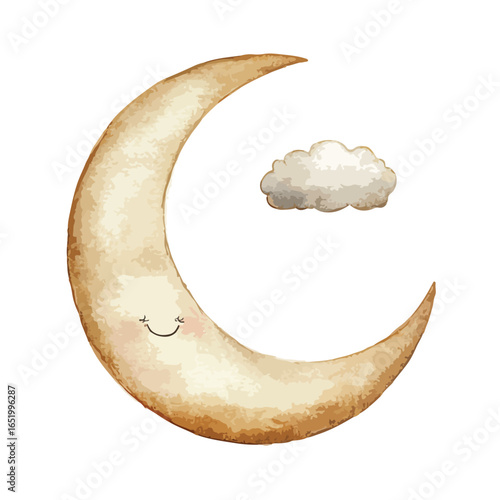 Smiling Crescent Moon with a Small Cloud Watercolor Style Illustration