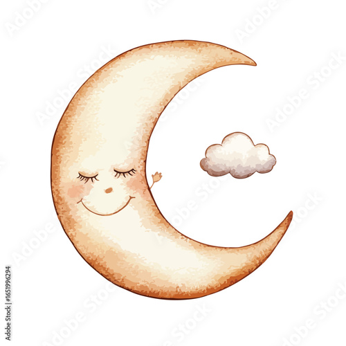 Smiling Crescent Moon with Closed Eyes and a Small Fluffy Cloud