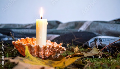 Elegant White Candle in Shell Holder Surrounded by Autumn Leaves on Soft Mossy Ground with Subtle Textile Background