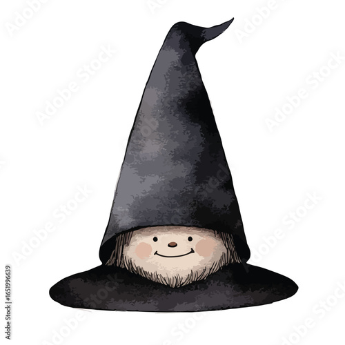 Smiling Gnome with Pointed Black Hat and Rosy Cheeks Illustration