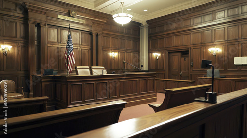 A courtroom with a wooden bench, a microphone, and a flag on the wall.