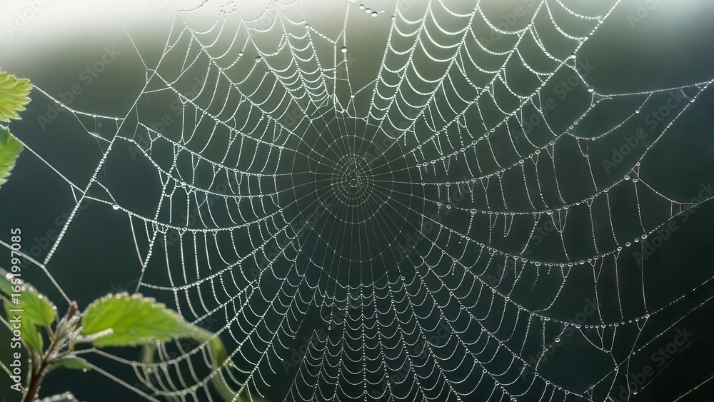 Naklejka premium Delicate spiderweb with morning dew