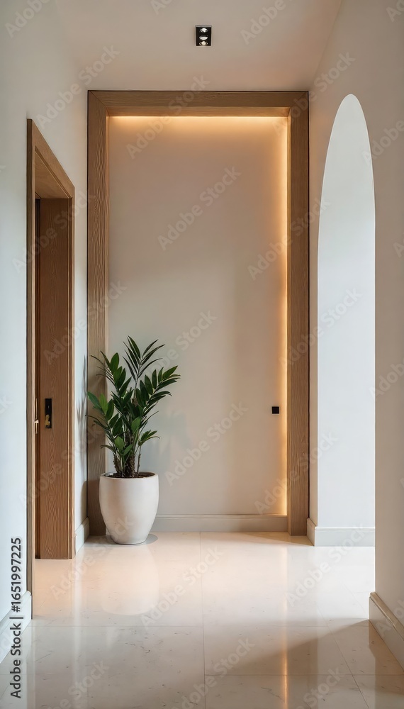 Fototapeta premium Sophisticated Modern Foyer Welcoming Entryway with Architectural Details and Soft Lighting, Ideal for Home Design Inspiration