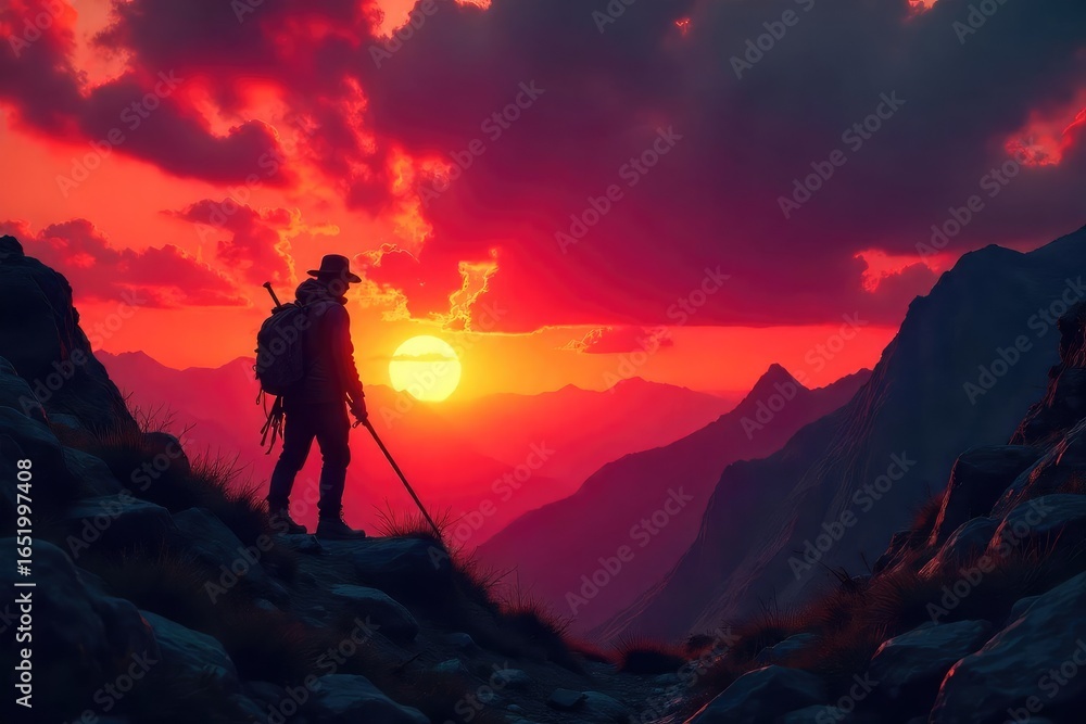 Fototapeta premium Lone Adventurer Silhouette at Sunset, Searching for Treasure in Rugged Terrain A Thrilling Quest for Untold Riches