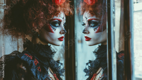Person standing before mirror with reflection showing a different persona in elaborate makeup and attire, blurring self and alter ego