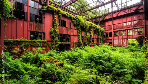 Decaying red factory overgrown