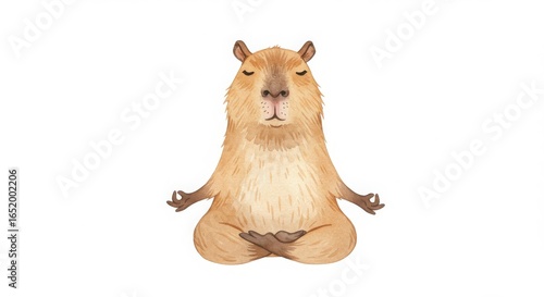 Watercolor drawing of a cute cartoon capybara doing yoga in lotus position