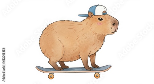 a cute cartoon capybara skateboarding with a cap backwards in a playful and whimsical watercolor illustration