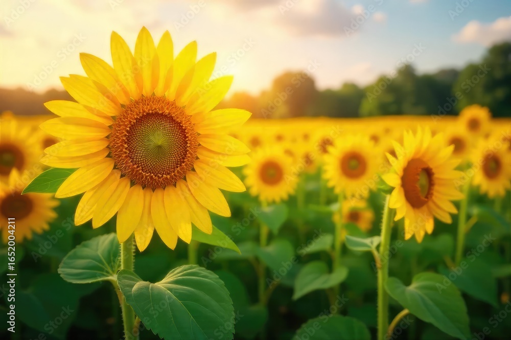 Fototapeta premium Sunflowers Basking in Summer Sun A Vibrant Field of Golden Blooms Stretching to the Horizon