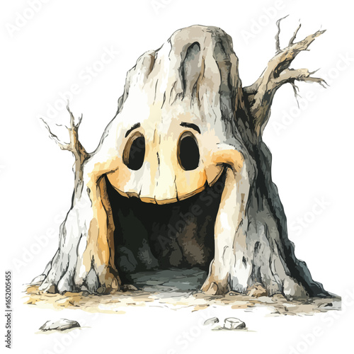 Smiling Tree House with Hollow Eyes and Welcoming Open Mouth Watercolor Style