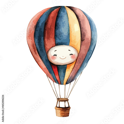 Smiling Watercolor Hot Air Balloon with Striped Canopy and Wicker Basket