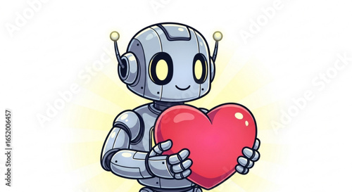 Adorable cartoon robot holding a heart, symbolizing love and affection