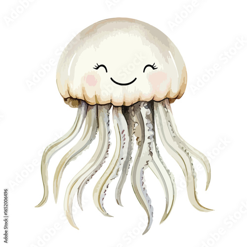 Smiling Watercolor Jellyfish with Delicate Tentacles and Rosy Cheeks