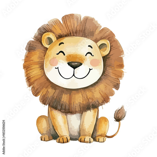 Smiling Watercolor Lion with Detailed Mane and Rosy Cheeks