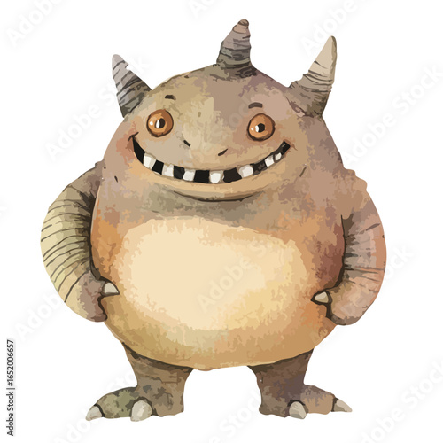 Smiling Watercolor Monster with Horns Claws and a Friendly Expression (1)