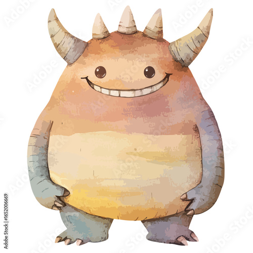 Smiling watercolor monster with horns and three spikes on its head