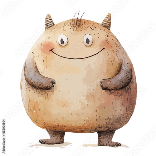 Smiling Watercolor Monster with Tiny Horns and Textured Fur
