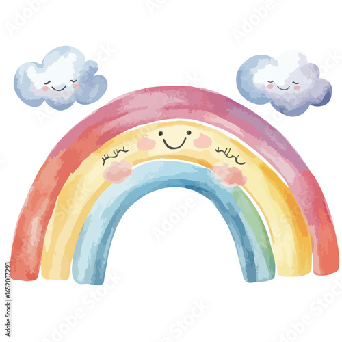 Smiling Watercolor Rainbow with Two Cheerful Cloud Companions